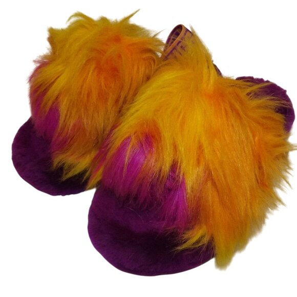 UGG Girls Fluffy Oh Yeah Fuzzy Slippers Size 13 Purple Yellow Faux Fur - Picture 1 of 8